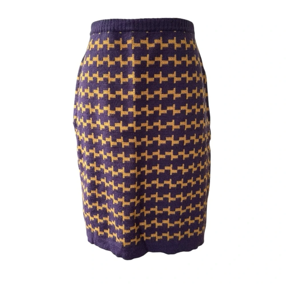Vintage abstract knit purple and mustard yellow midi pencil skirt 44 - Picture 1 of 13